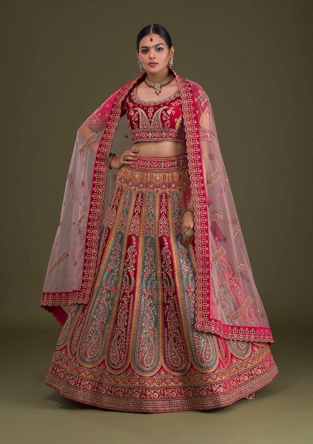 Magenta Pink Stonework Velvet Semi-Stitched Lehenga-Koskii