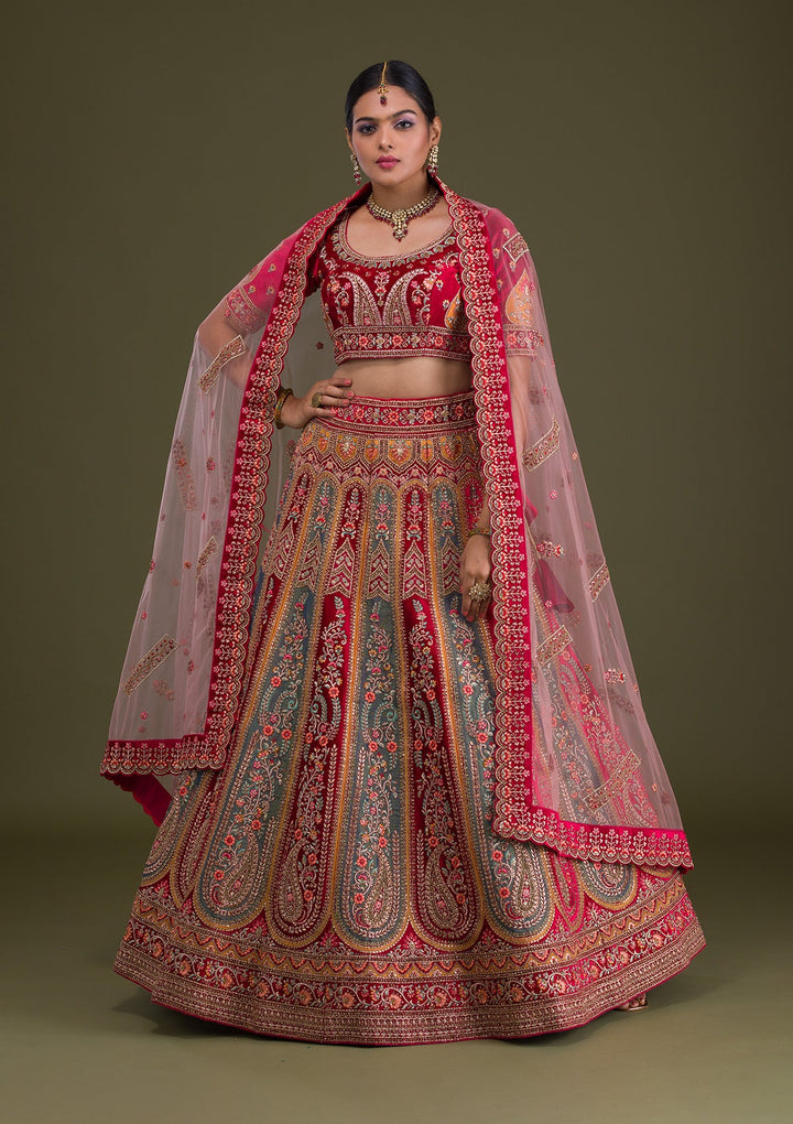 Magenta Pink Stonework Velvet Semi-Stitched Lehenga-Koskii