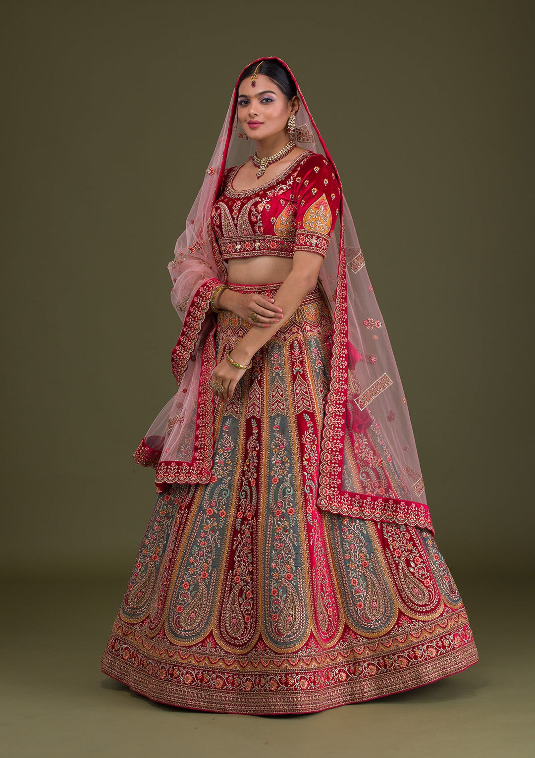 Magenta Pink Stonework Velvet Semi-Stitched Lehenga-Koskii