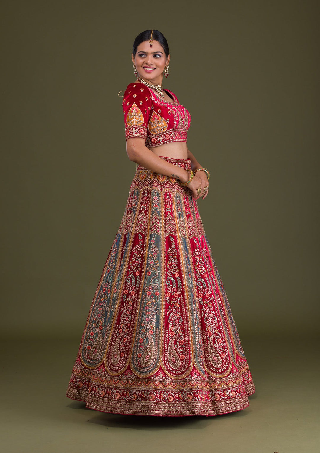 Magenta Pink Stonework Velvet Semi-Stitched Lehenga-Koskii