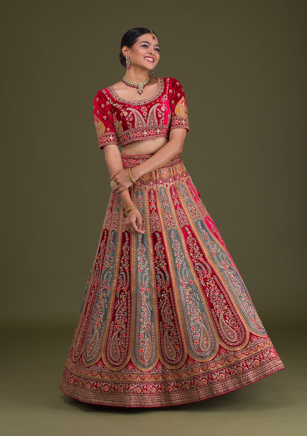 Magenta Pink Stonework Velvet Semi-Stitched Lehenga-Koskii