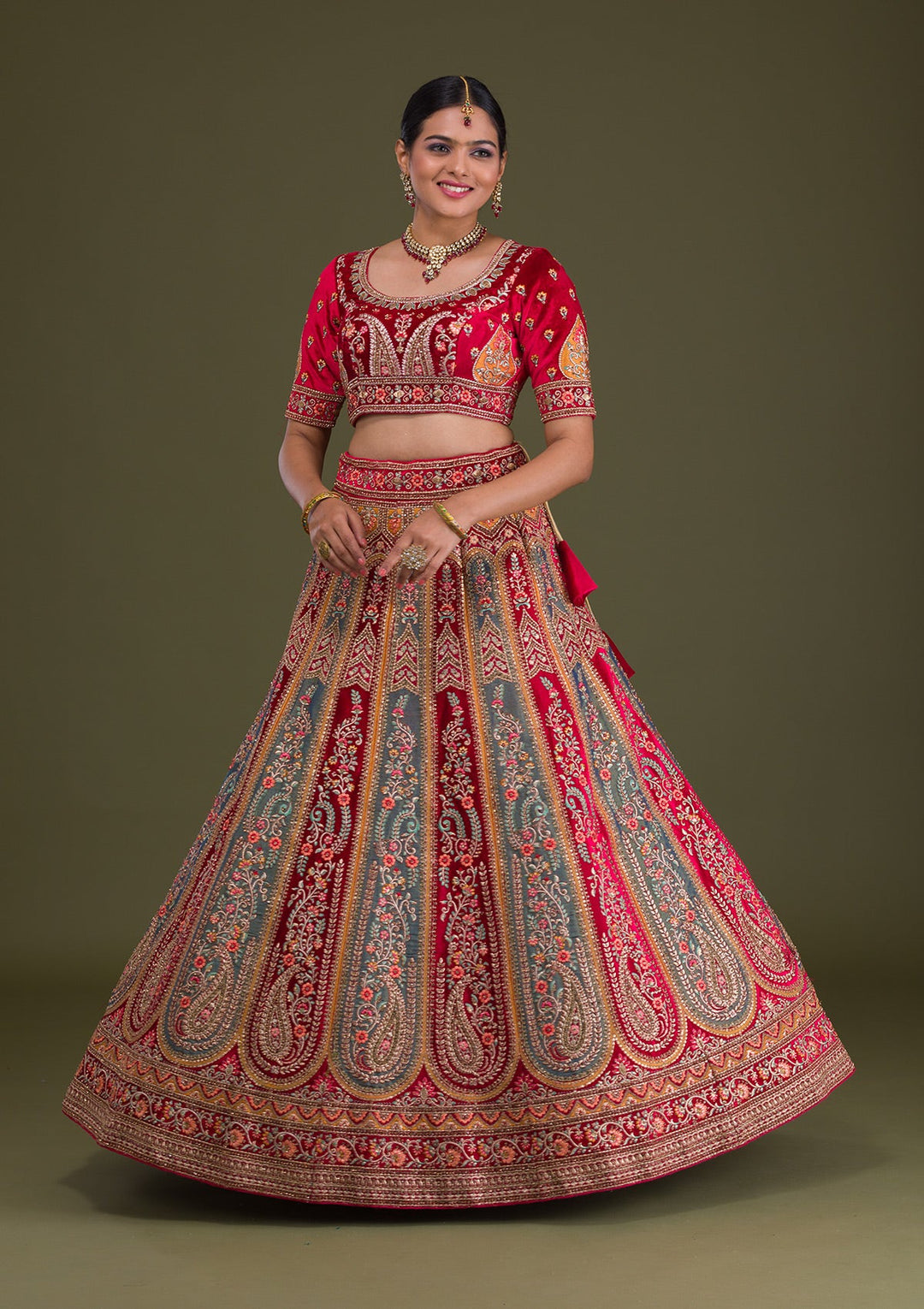 Magenta Pink Stonework Velvet Semi-Stitched Lehenga-Koskii