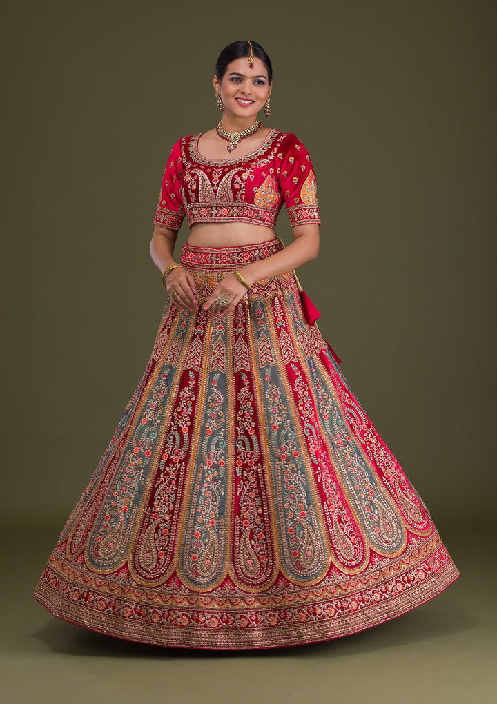 Magenta Pink Stonework Velvet Semi-Stitched Lehenga-Koskii