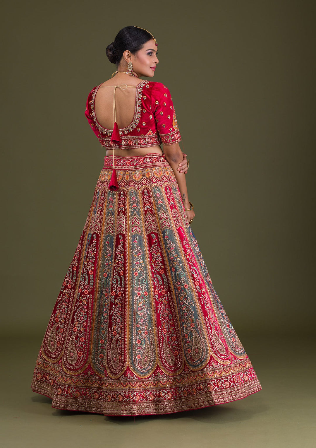 Magenta Pink Stonework Velvet Semi-Stitched Lehenga-Koskii