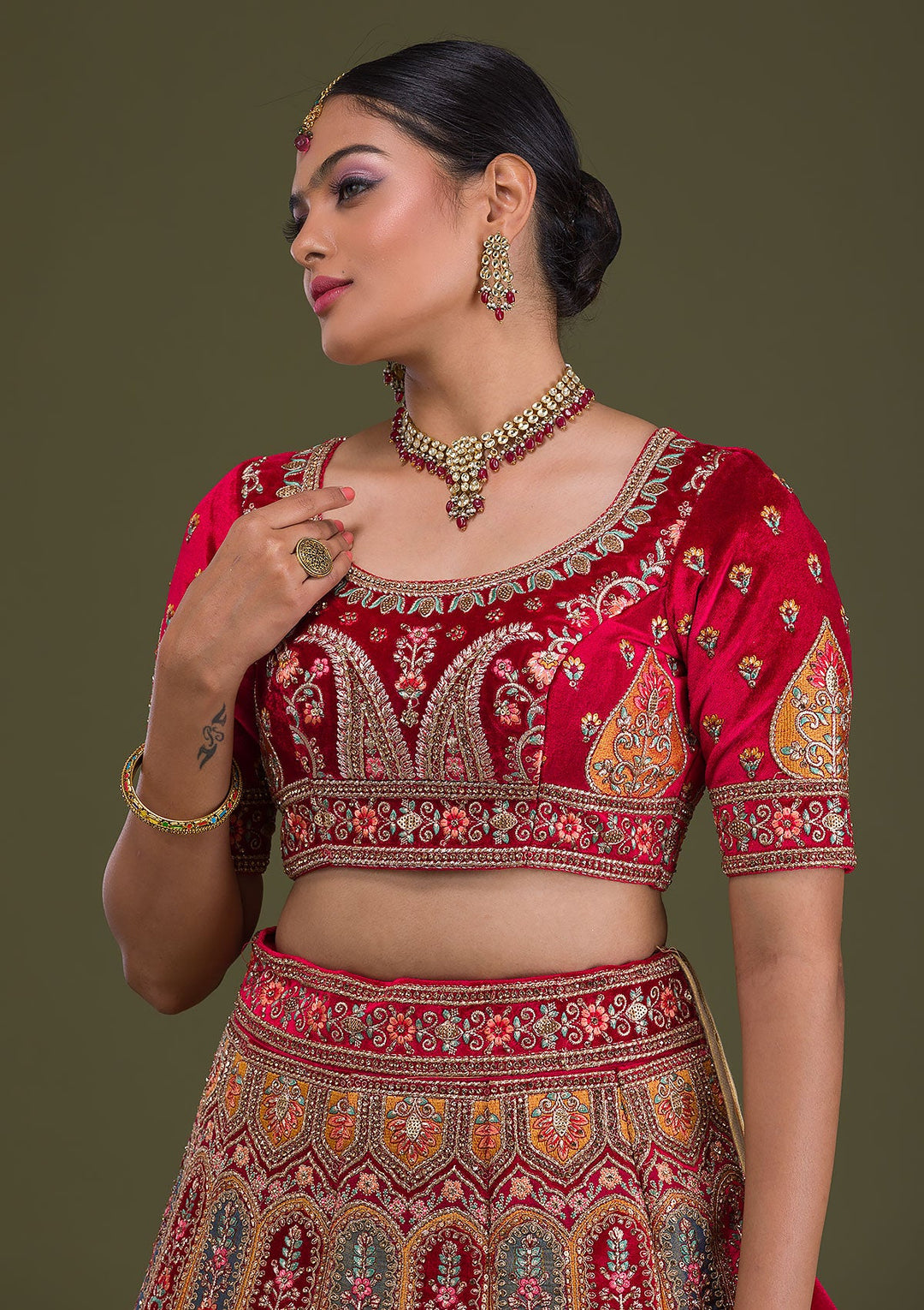 Magenta Pink Stonework Velvet Semi-Stitched Lehenga-Koskii