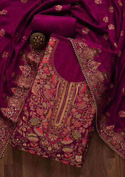 Magenta Pink Zariwork Art Silk Designer Unstitched Salwar Suit - Koskii