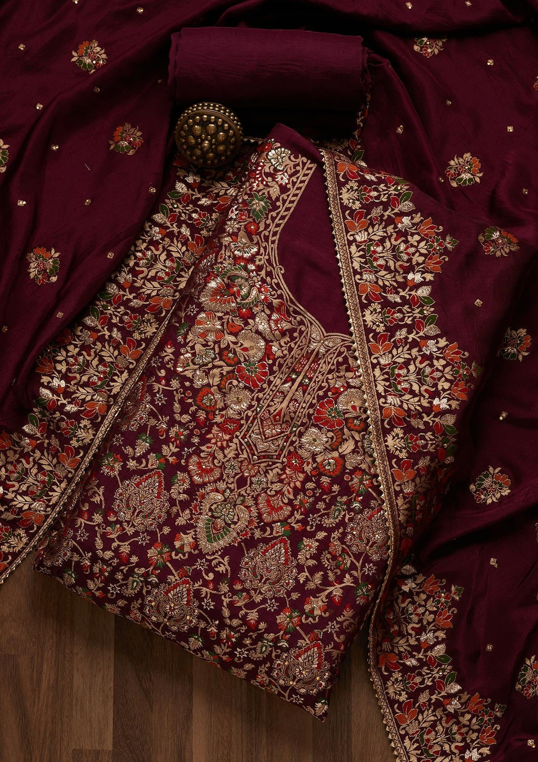 Magenta Pink Zariwork Art Silk Unstitched Salwar Suit- Koskii