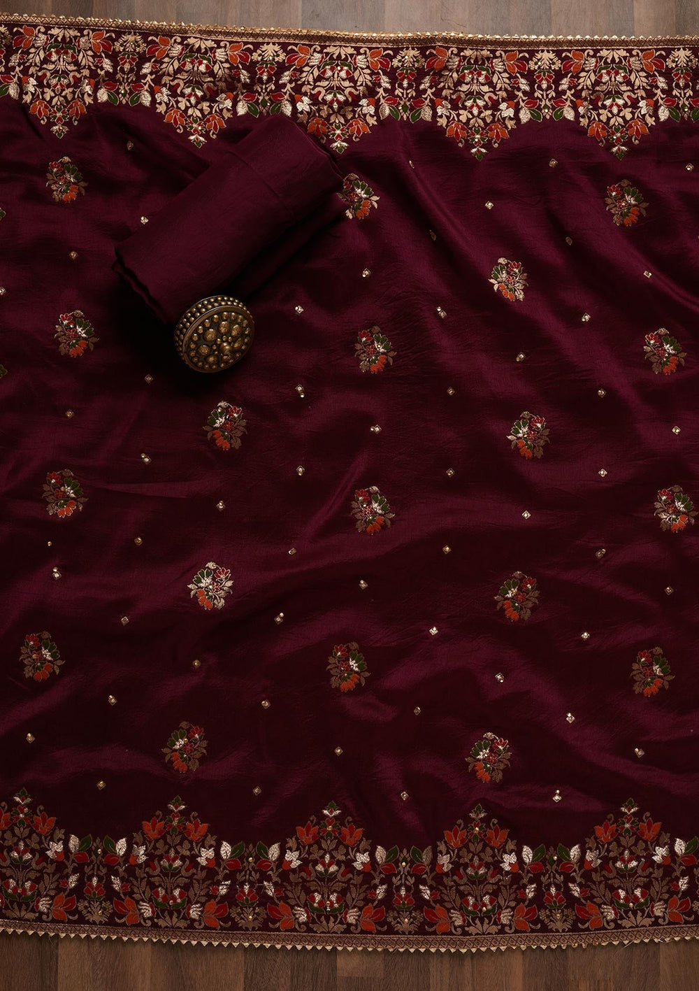 Magenta Pink Zariwork Art Silk Unstitched Salwar Suit - Koskii