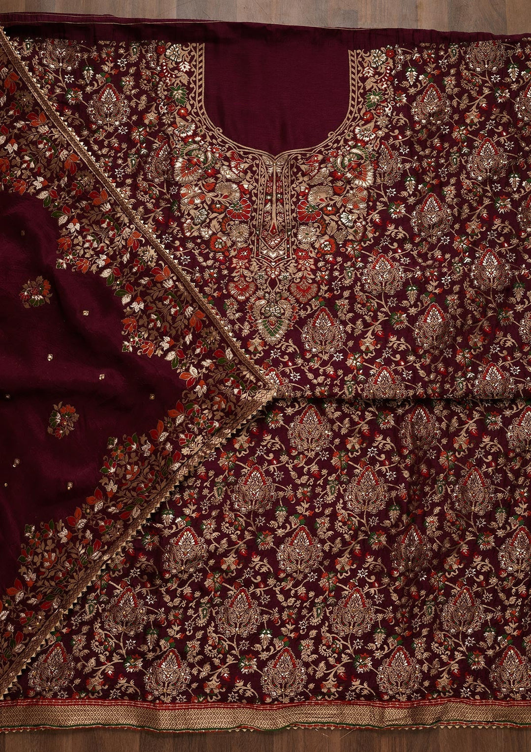 Magenta Pink Zariwork Art Silk Unstitched Salwar Suit - Koskii