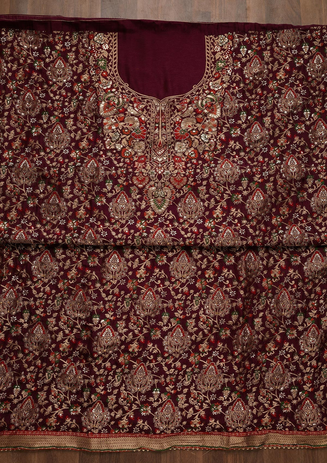 Magenta Pink Zariwork Art Silk Unstitched Salwar Suit - Koskii