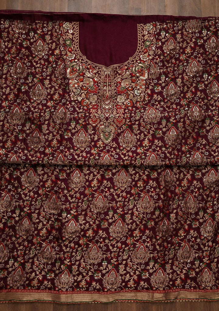 Magenta Pink Zariwork Art Silk Unstitched Salwar Suit - Koskii