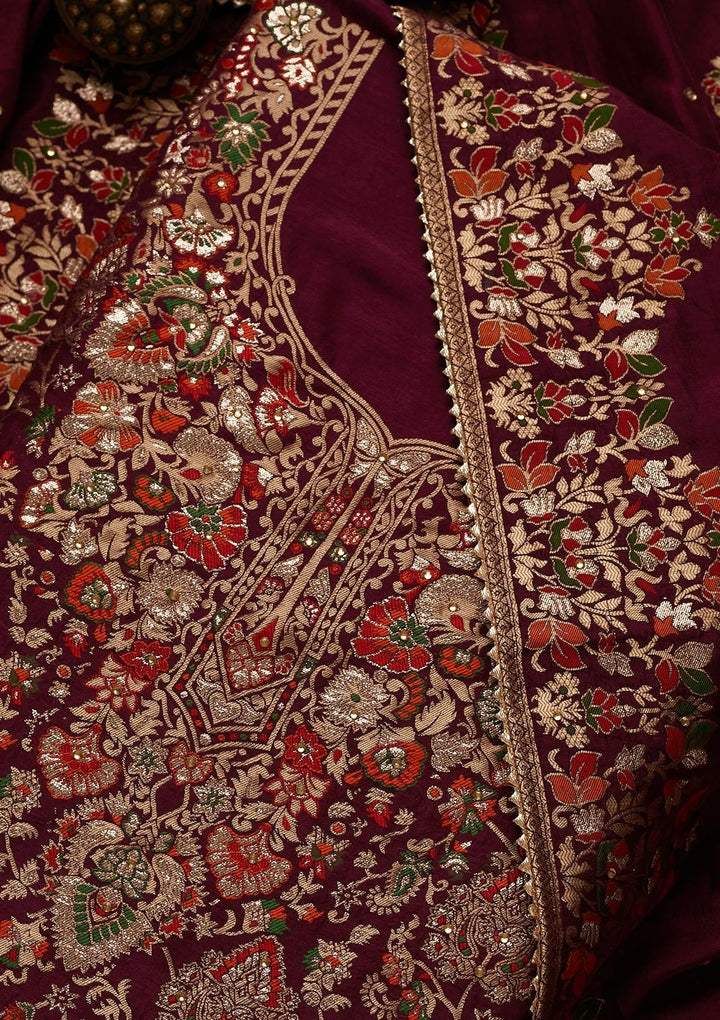 Magenta Pink Zariwork Art Silk Unstitched Salwar Suit - Koskii