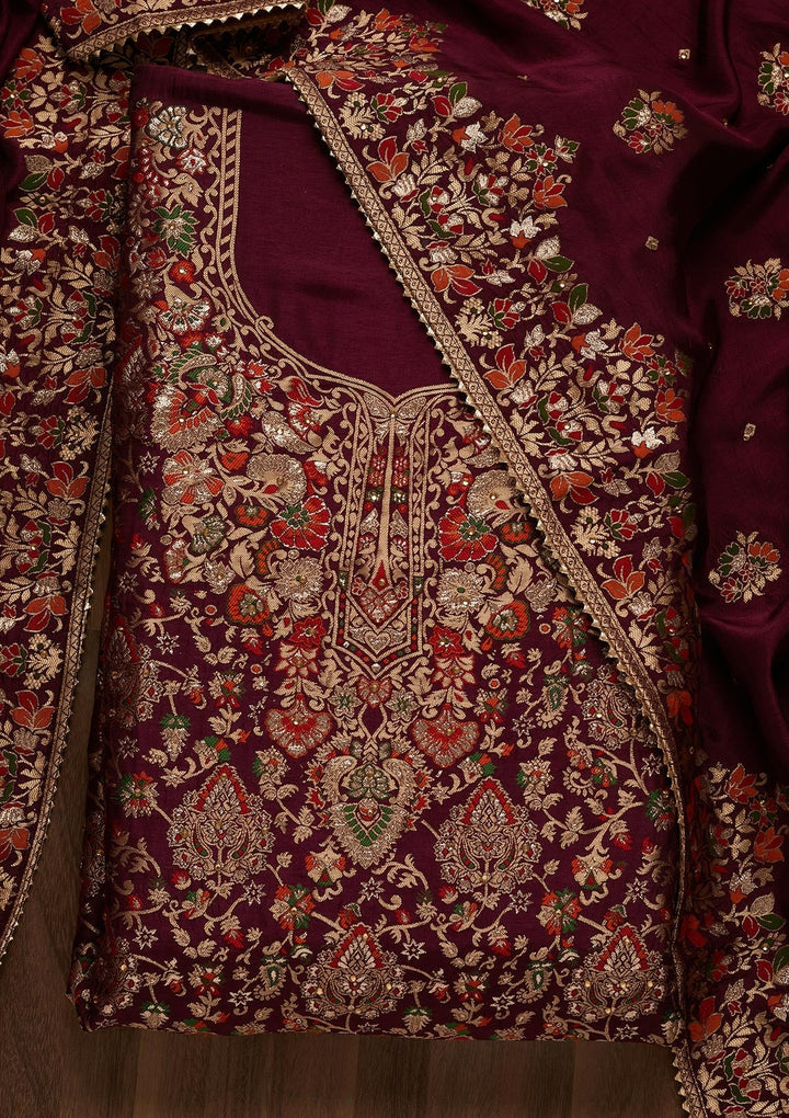 Magenta Pink Zariwork Art Silk Unstitched Salwar Suit - Koskii