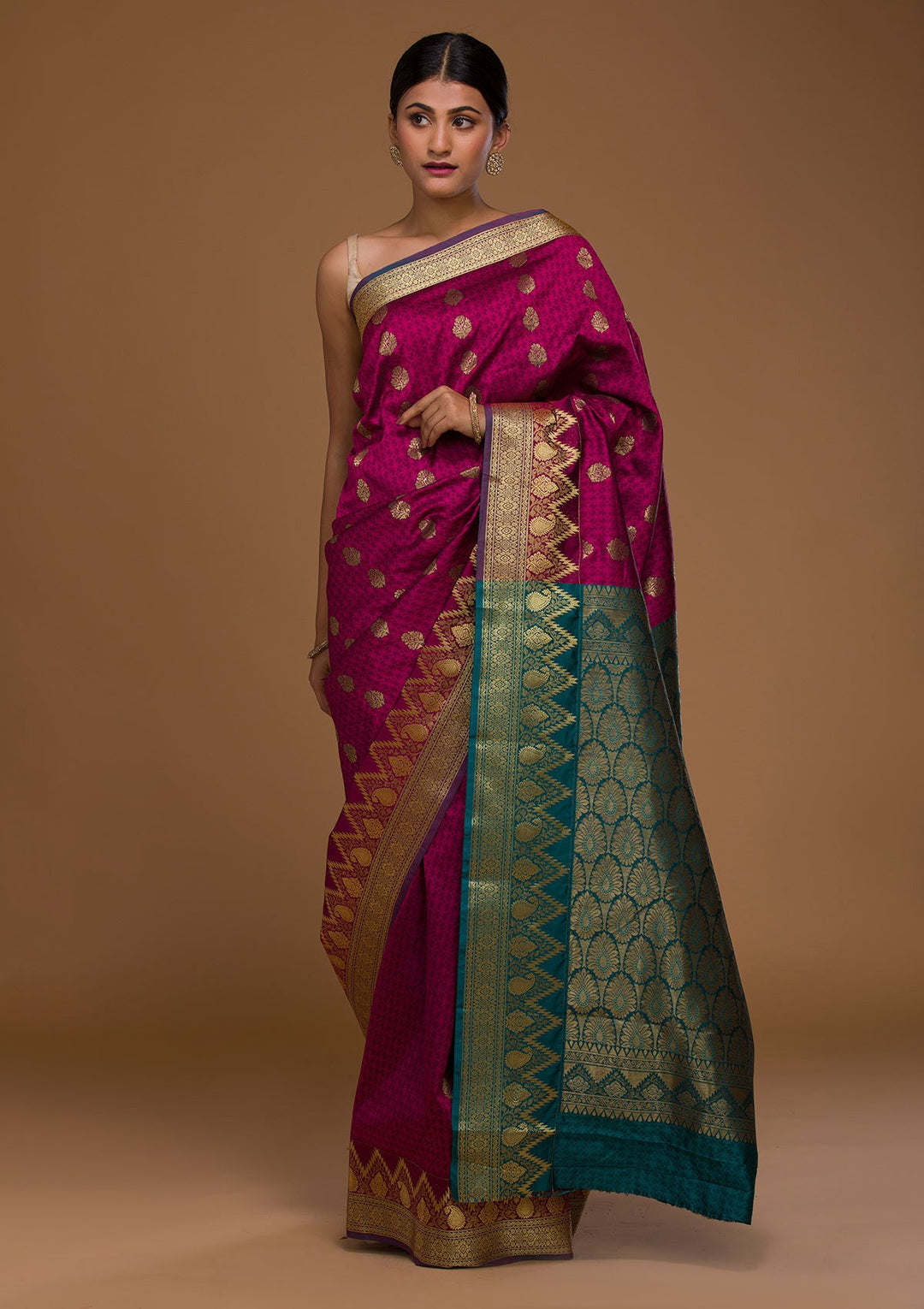 Magenta Pink Zariwork Art Silk Saree-Koskii