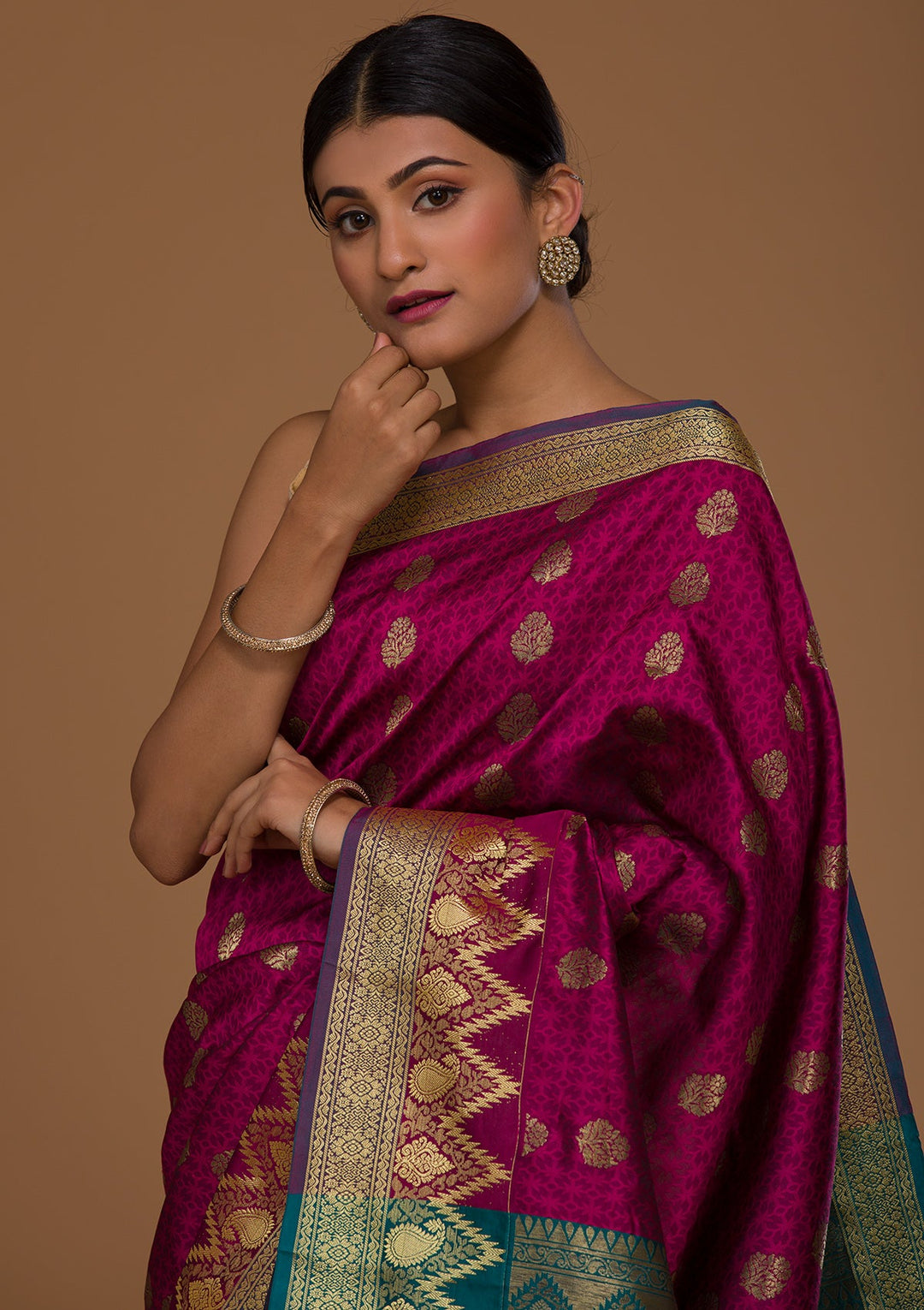 Magenta Pink Zariwork Art Silk Saree-Koskii