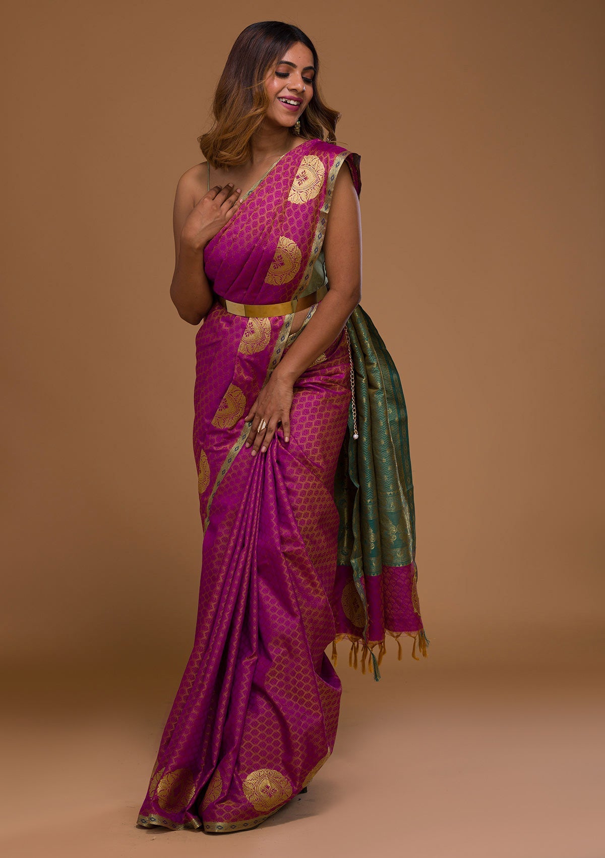 Magenta Pink Zariwork Art Silk Saree-Koskii
