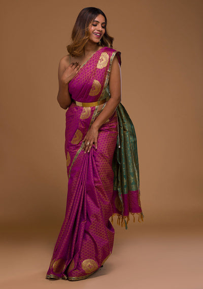 Magenta Pink Zariwork Art Silk Saree-Koskii