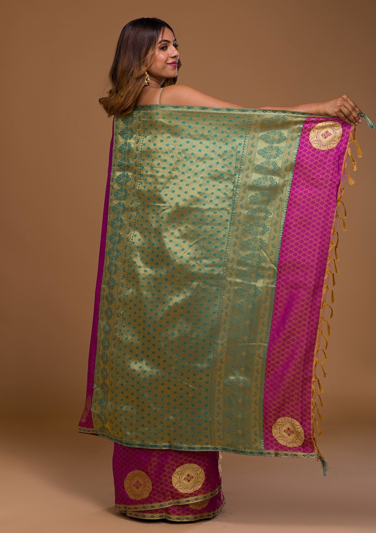 Magenta Pink Zariwork Art Silk Saree-Koskii