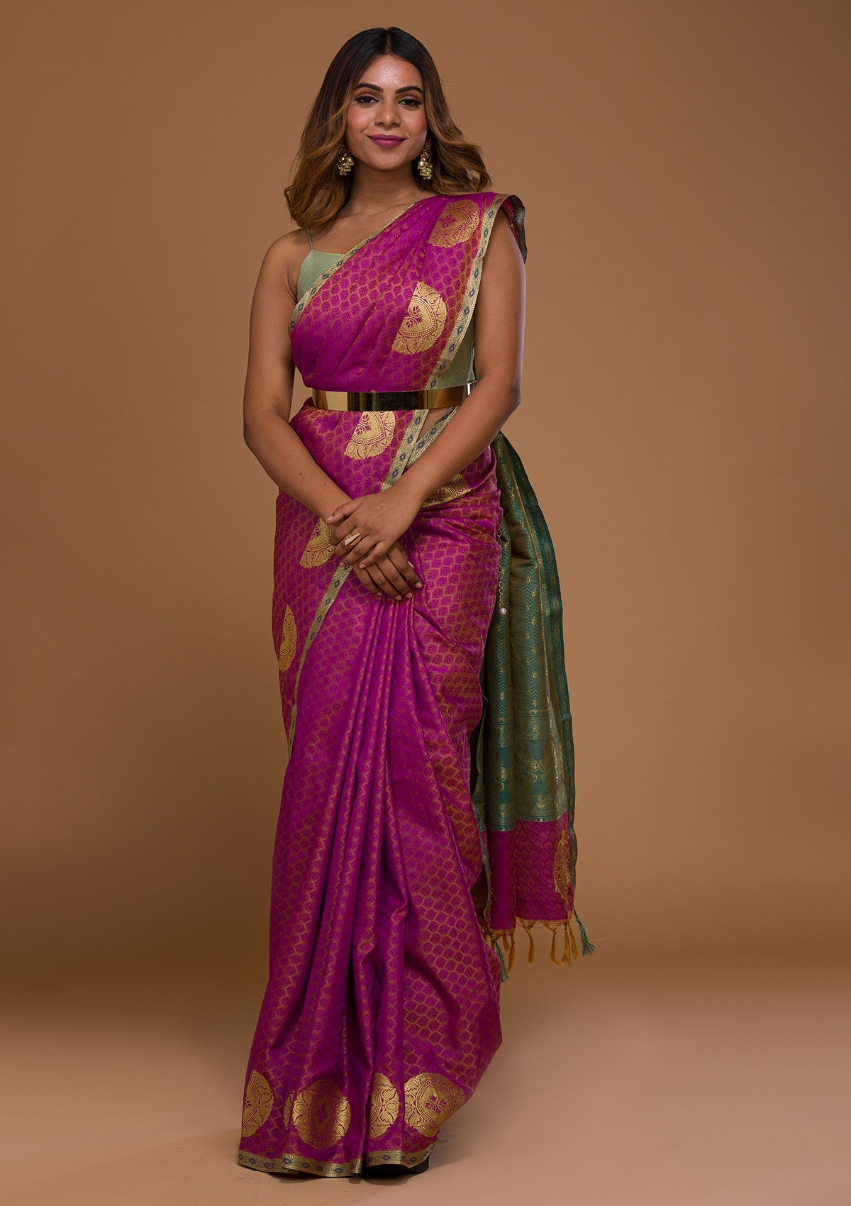 Magenta Pink Zariwork Art Silk Saree-Koskii