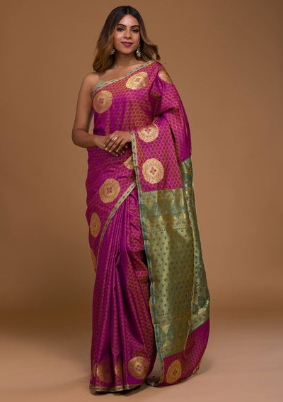 Magenta Pink Zariwork Art Silk Saree-Koskii