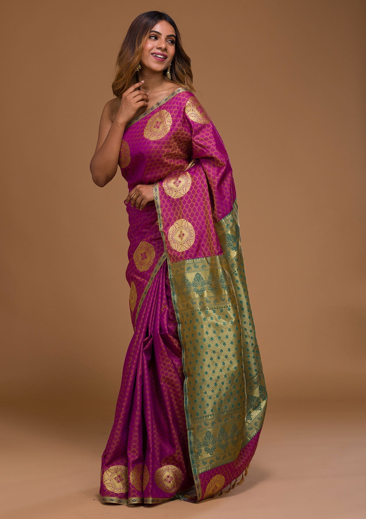 Magenta Pink Zariwork Art Silk Saree-Koskii