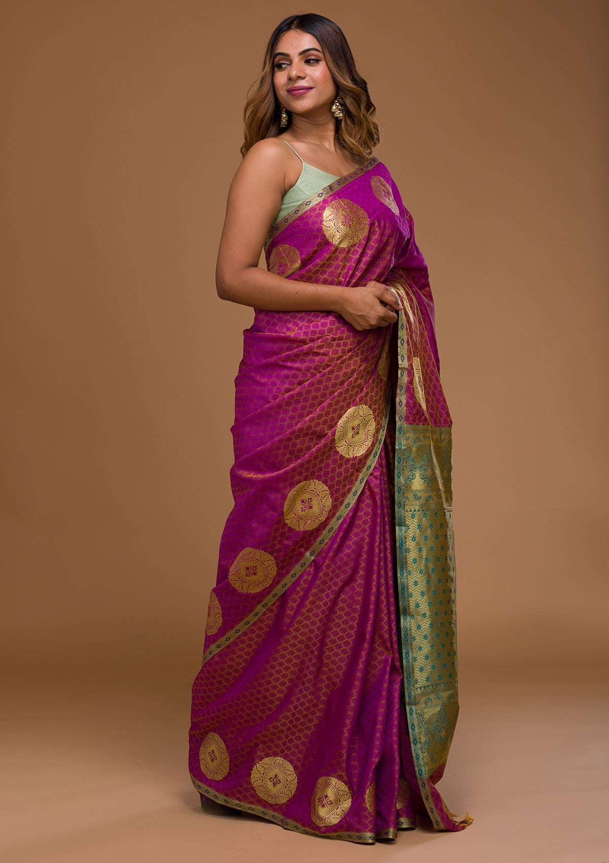 Magenta Pink Zariwork Art Silk Saree-Koskii