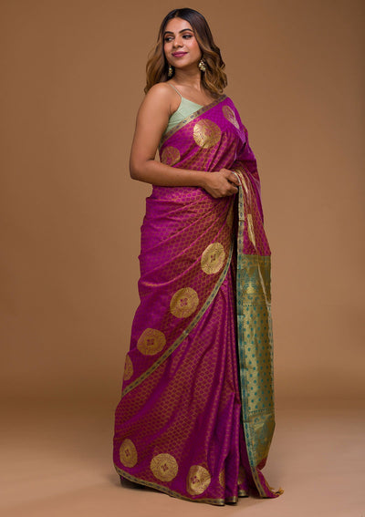 Magenta Pink Zariwork Art Silk Saree-Koskii