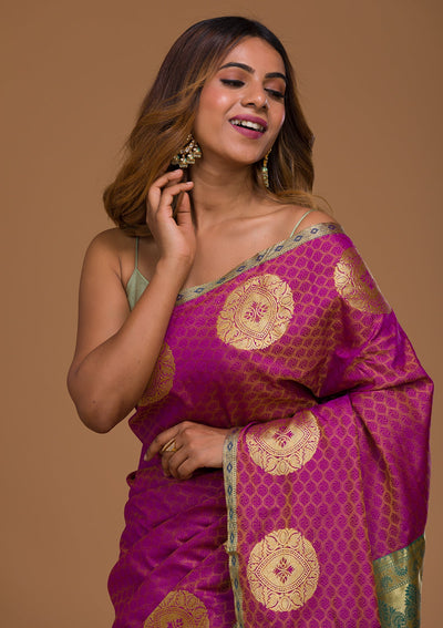 Magenta Pink Zariwork Art Silk Saree-Koskii