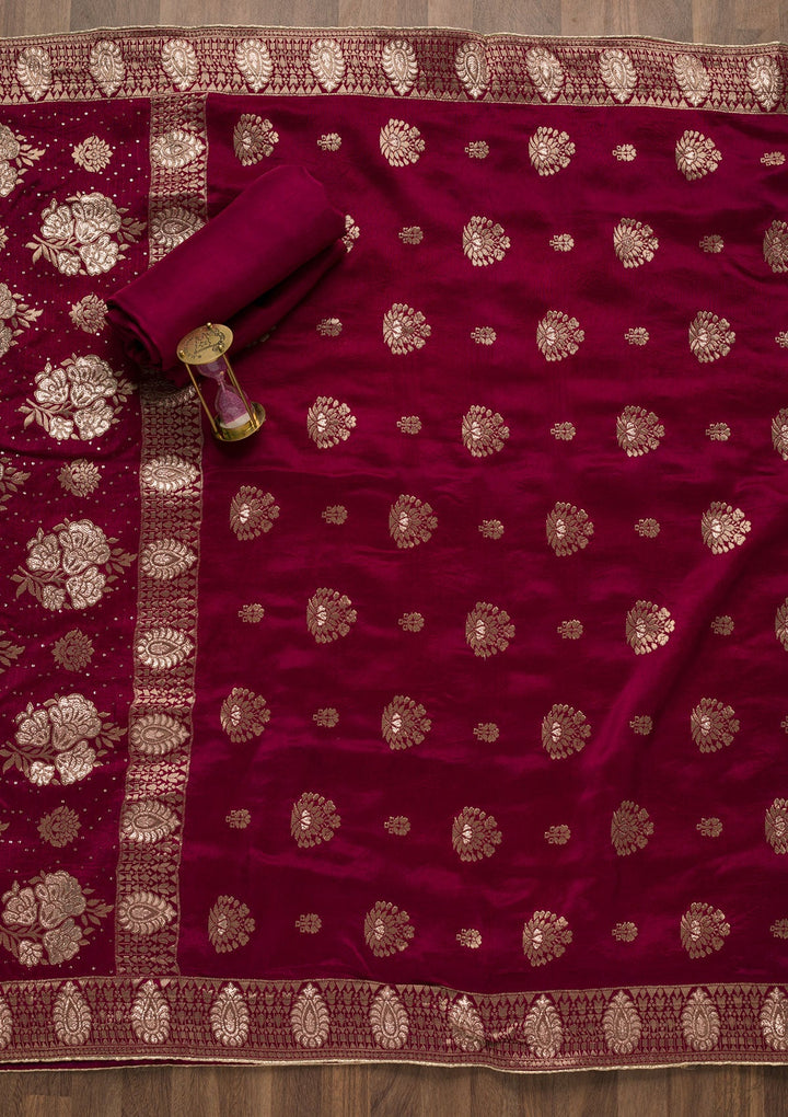 Magenta Pink Zariwork Georgette Unstitched Salwar Suit-Koskii