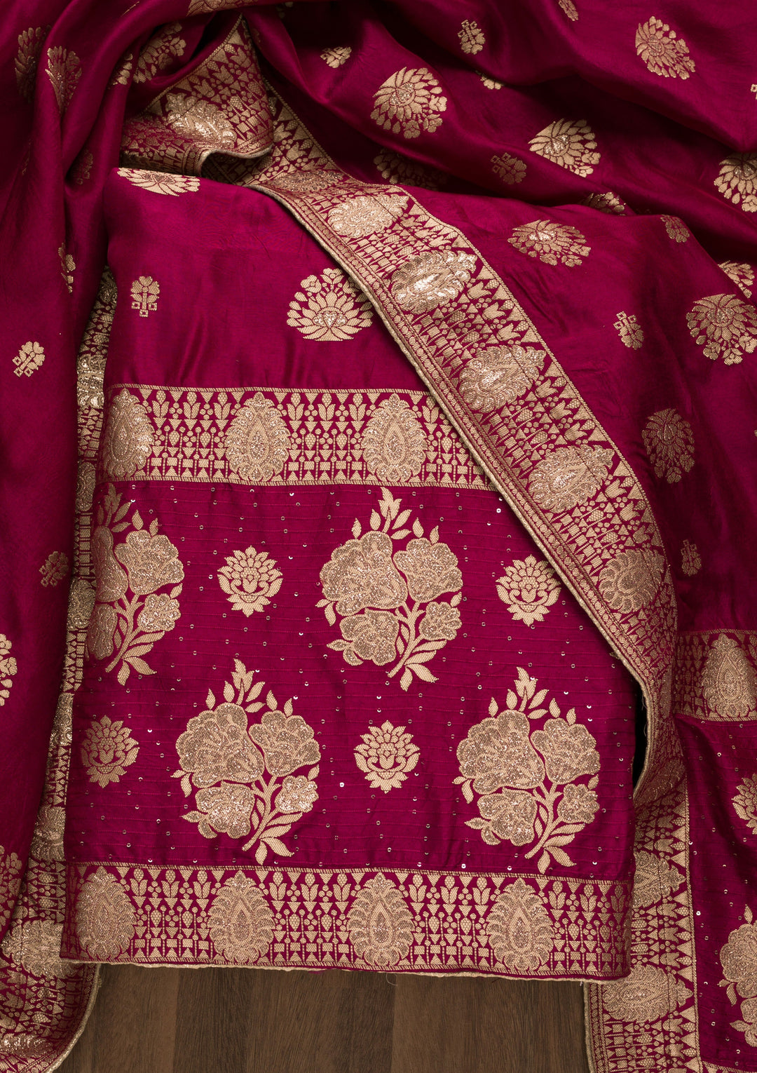 Magenta Pink Zariwork Georgette Unstitched Salwar Suit-Koskii