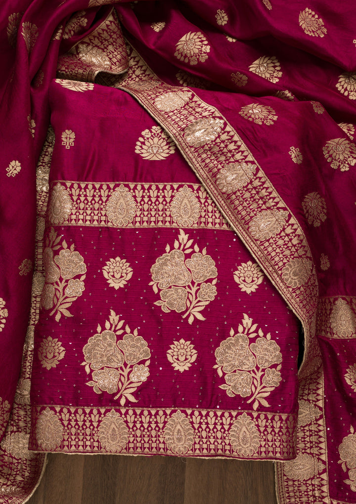 Magenta Pink Zariwork Georgette Unstitched Salwar Suit-Koskii