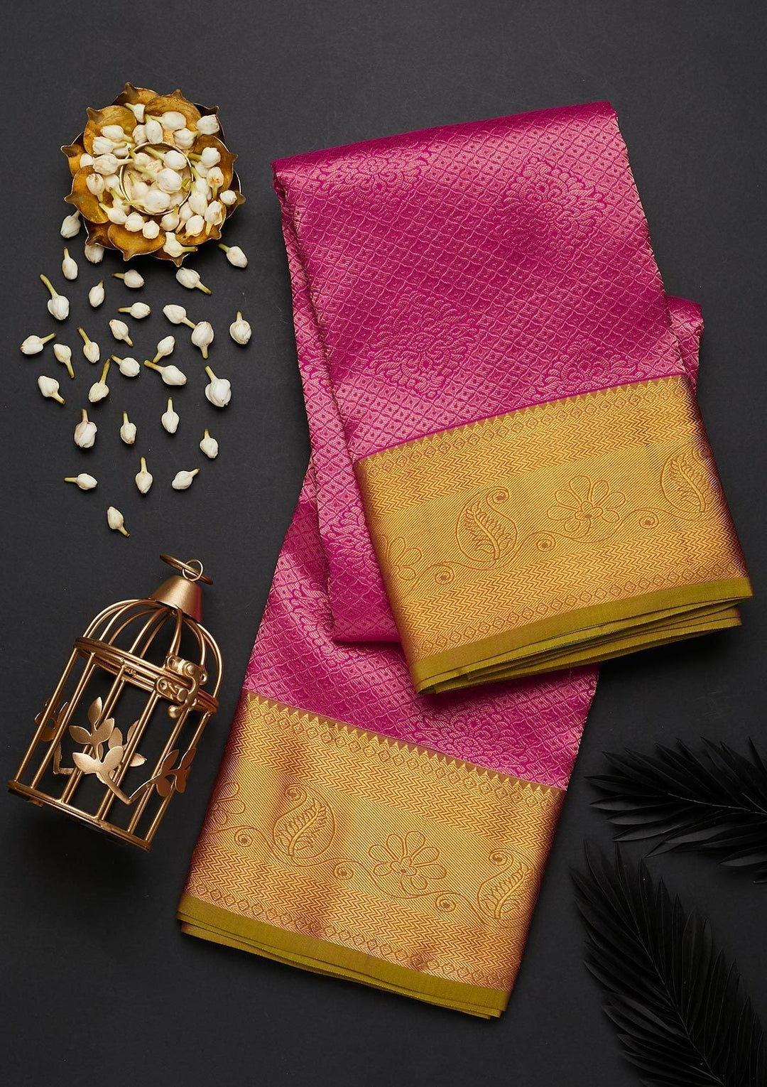 Magenta Pink Zariwork Pure Silk Designer Saree - Koskii