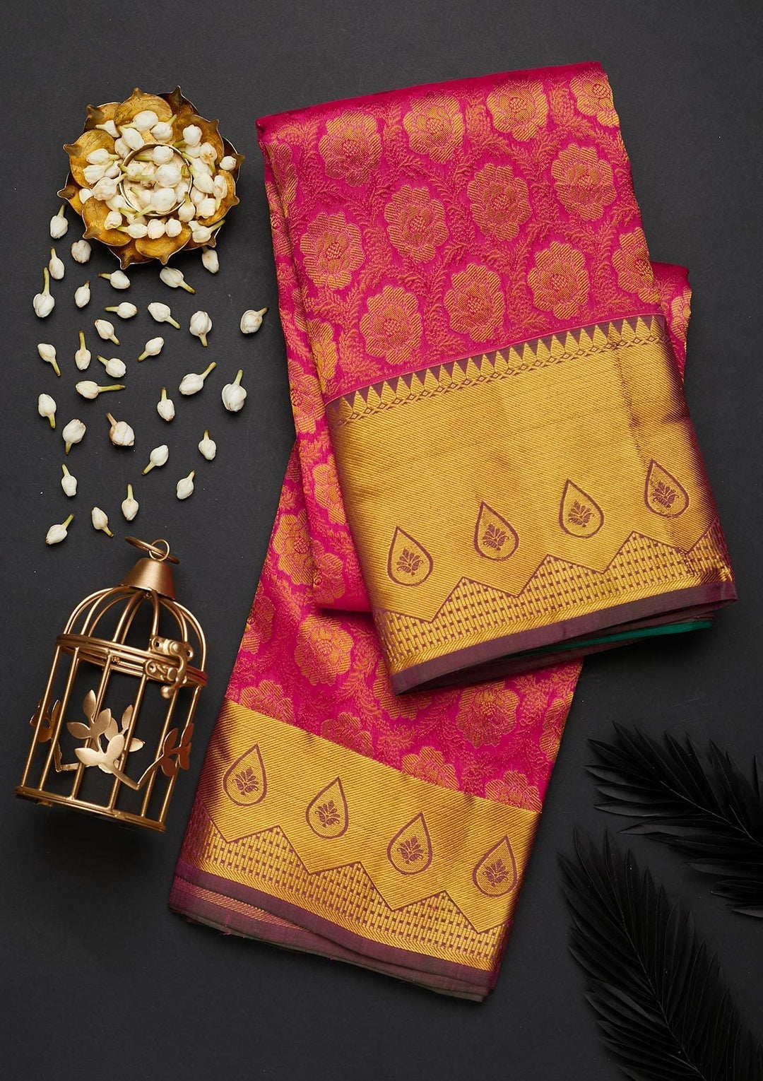 Magenta Pink Zariwork Pure Silk Designer Saree - Koskii