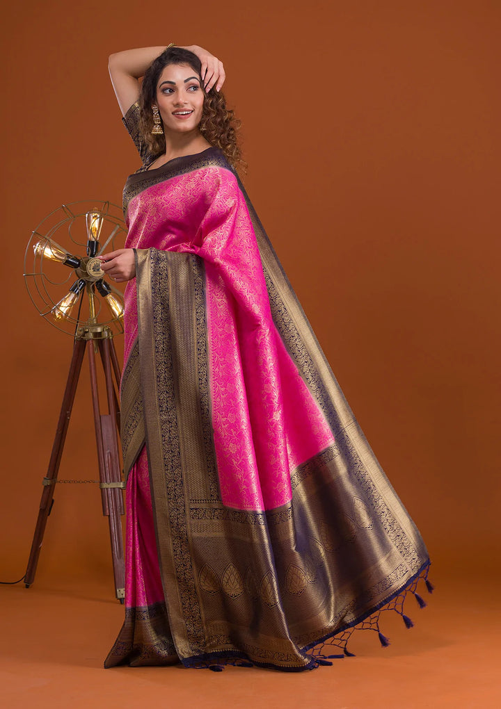 Magenta Pink Zariwork Banarasi Saree-Koskii