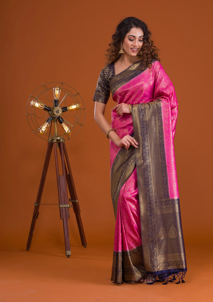 Magenta Pink Zariwork Banarasi Saree-Koskii
