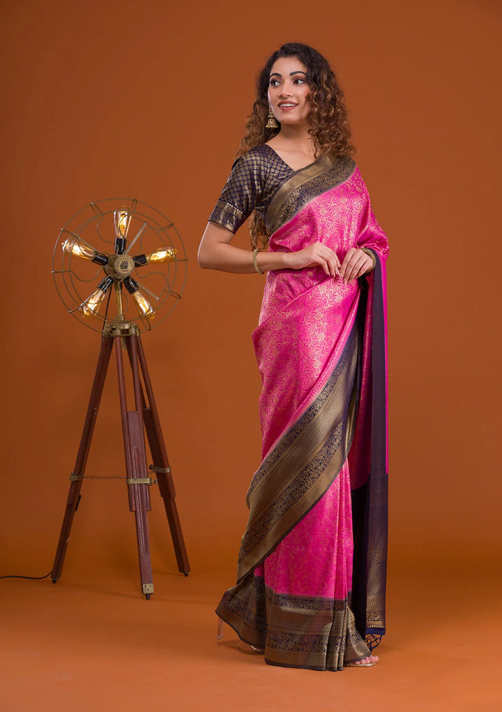 Magenta Pink Zariwork Banarasi Saree-Koskii