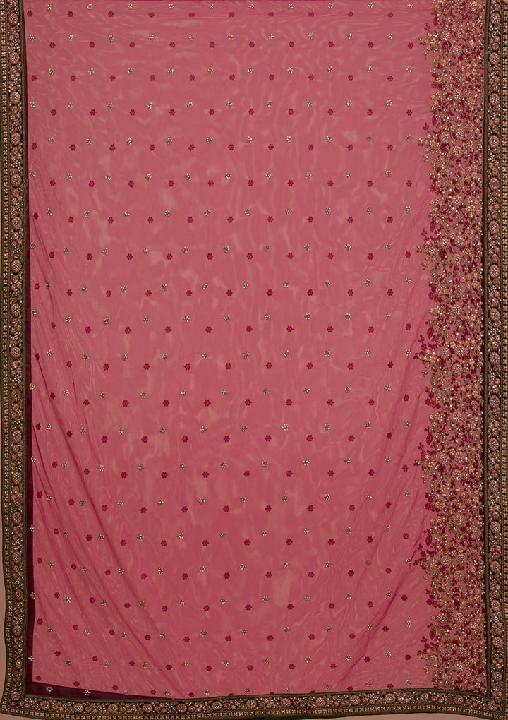 Magenta Pink Zariwork Velvet Readymade Lehenga-Koskii