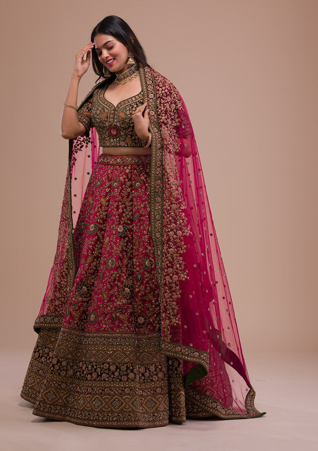 Magenta Pink Zariwork Velvet Readymade Lehenga-Koskii