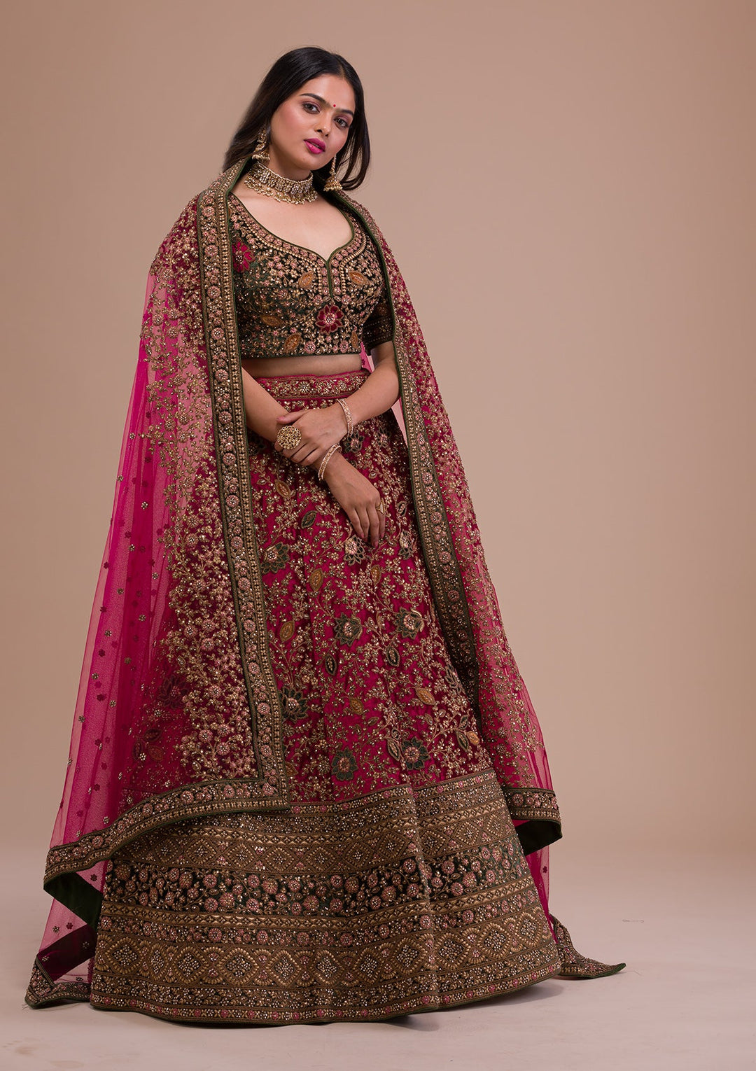 Magenta Pink Zariwork Velvet Readymade Lehenga-Koskii