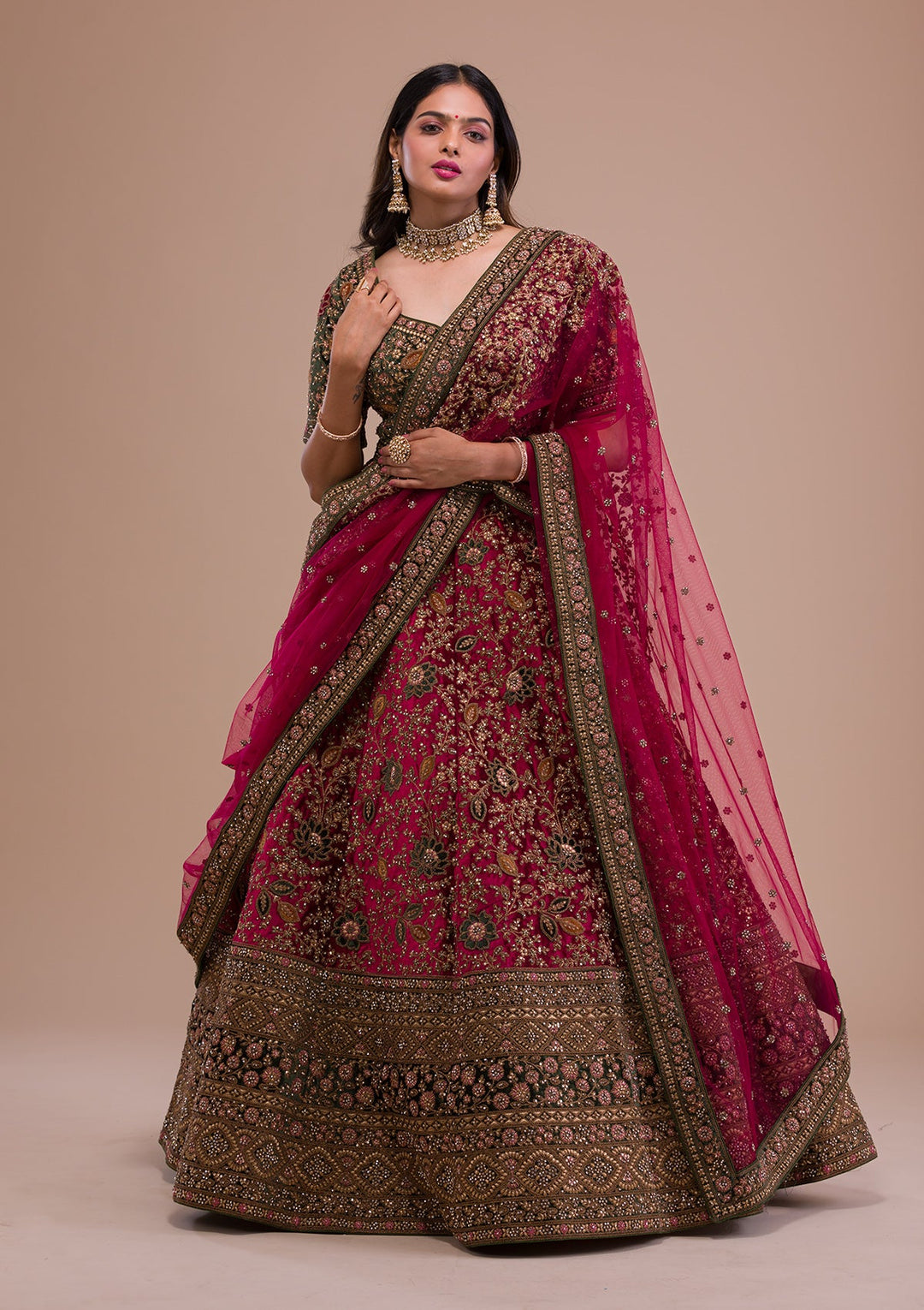Magenta Pink Zariwork Velvet Readymade Lehenga-Koskii
