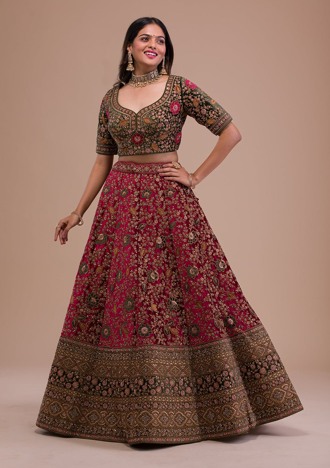 Magenta Pink Zariwork Velvet Readymade Lehenga-Koskii