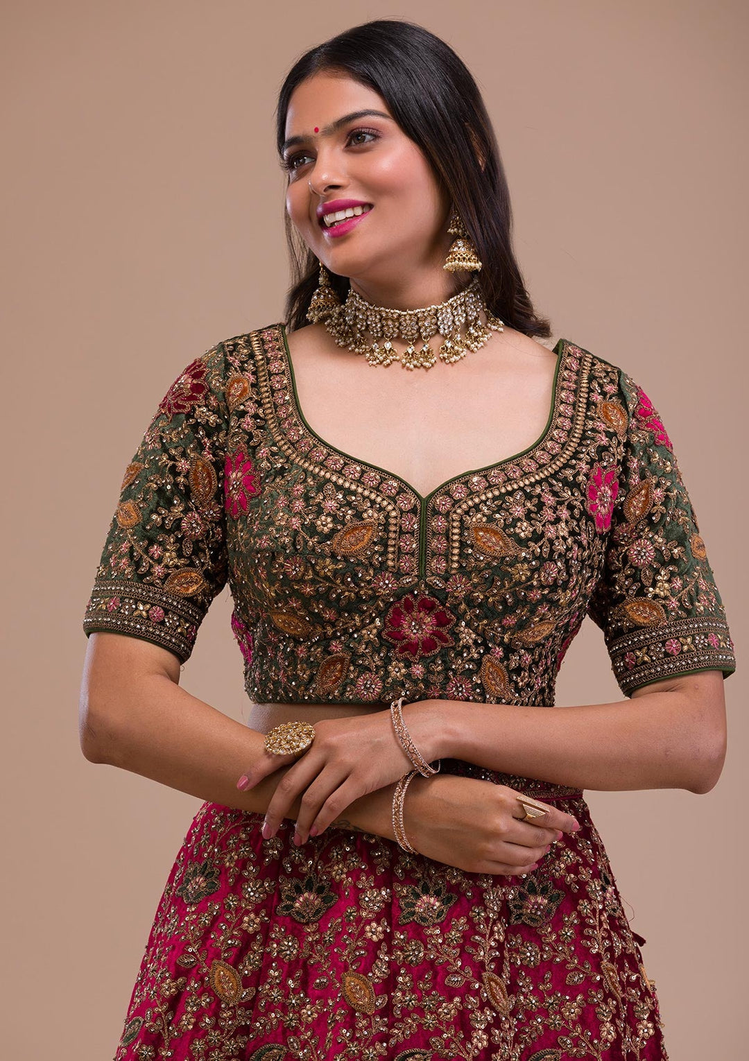 Magenta Pink Zariwork Velvet Readymade Lehenga-Koskii