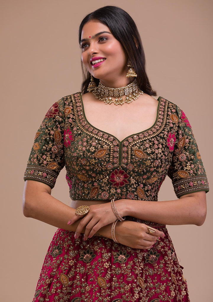 Magenta Pink Zariwork Velvet Readymade Lehenga-Koskii