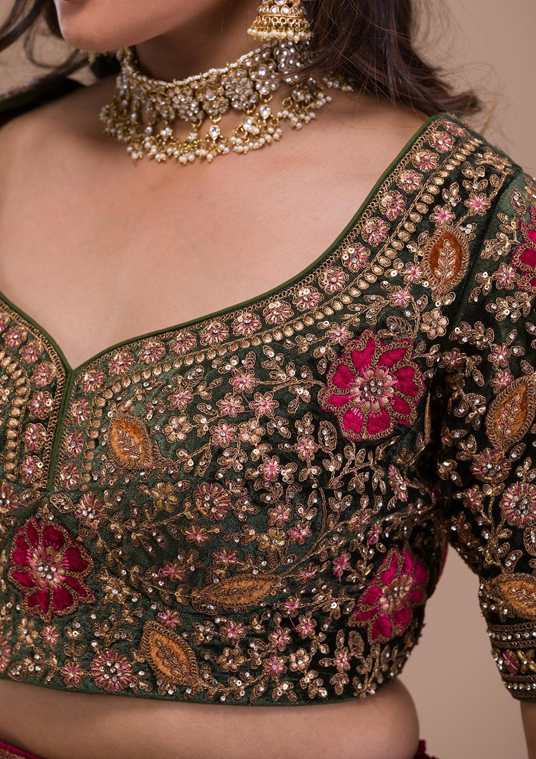 Magenta Pink Zariwork Velvet Readymade Lehenga-Koskii
