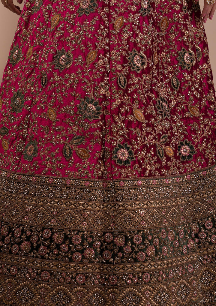 Magenta Pink Zariwork Velvet Readymade Lehenga-Koskii