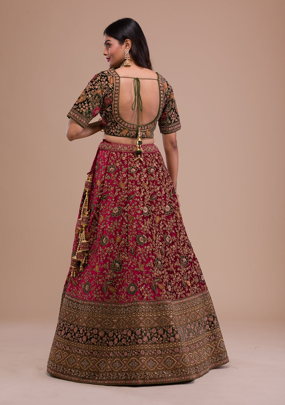 Magenta Pink Zariwork Velvet Readymade Lehenga-Koskii