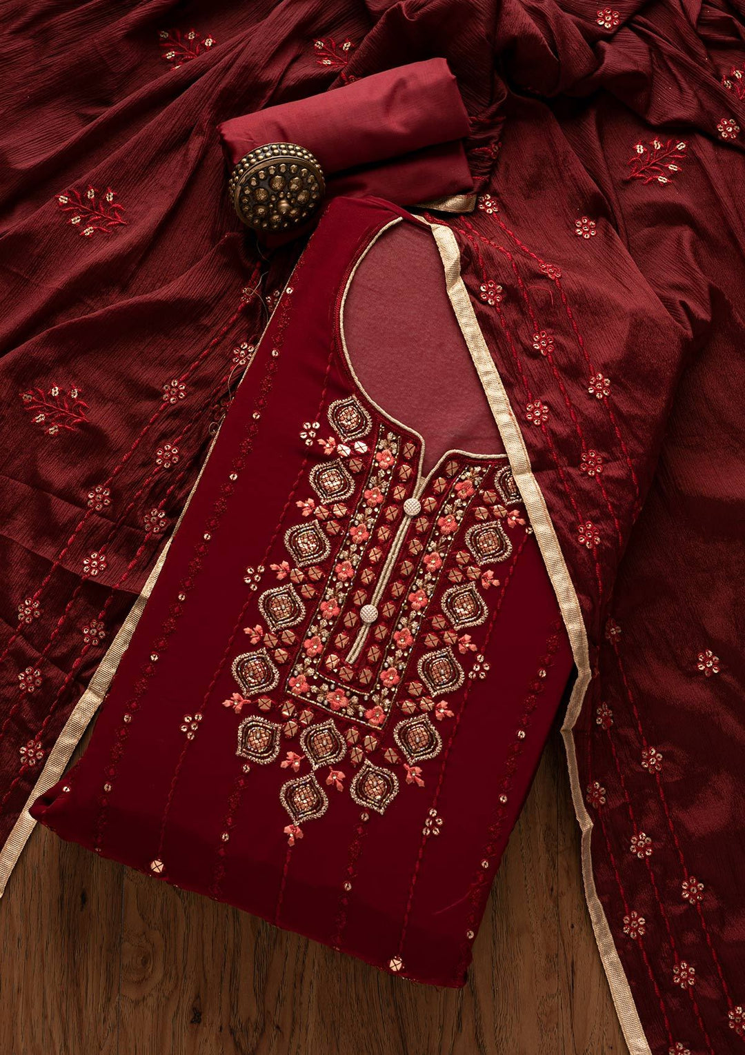 Maroon Cutdana Georgette Designer Semi-Stitched Salwar Suit - Koskii
