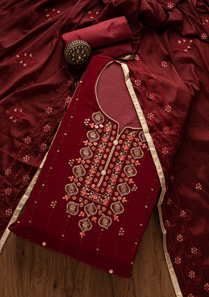 Maroon Cutdana Georgette Designer Semi-Stitched Salwar Suit - Koskii