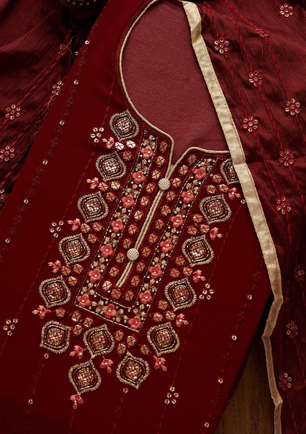 Maroon Cutdana Georgette Designer Semi-Stitched Salwar Suit - Koskii