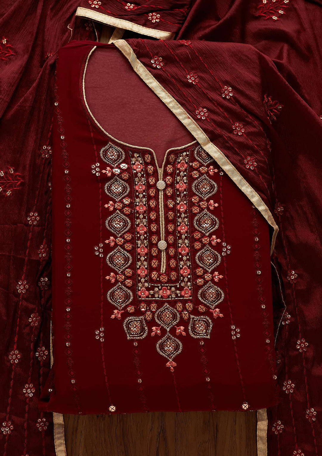 Maroon Cutdana Georgette Designer Semi-Stitched Salwar Suit - Koskii